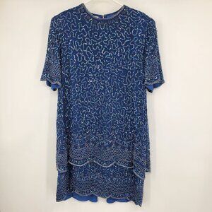 Vintage Brillante 100% Silk Blue Short Sleeve Sequined Beaded Formal Dress  XL